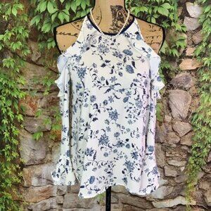 GREYLIN Emma Floral Ruffled Cold Shoulder Blouse, S